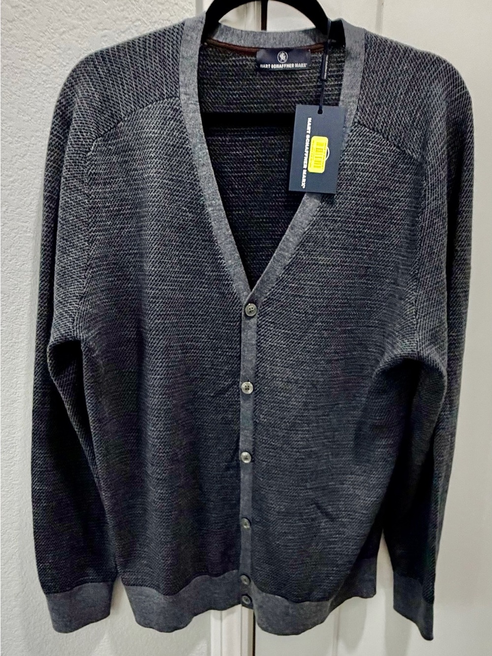 Hart Schaffner Marx Dark Gray Herringbone Luxury Button Front Cardigan Sweater L